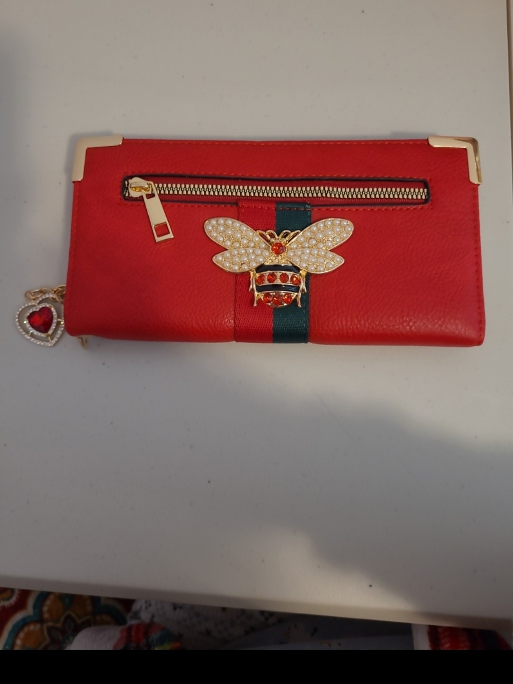 Red Bee-Embellished Women's Wallet Clutch